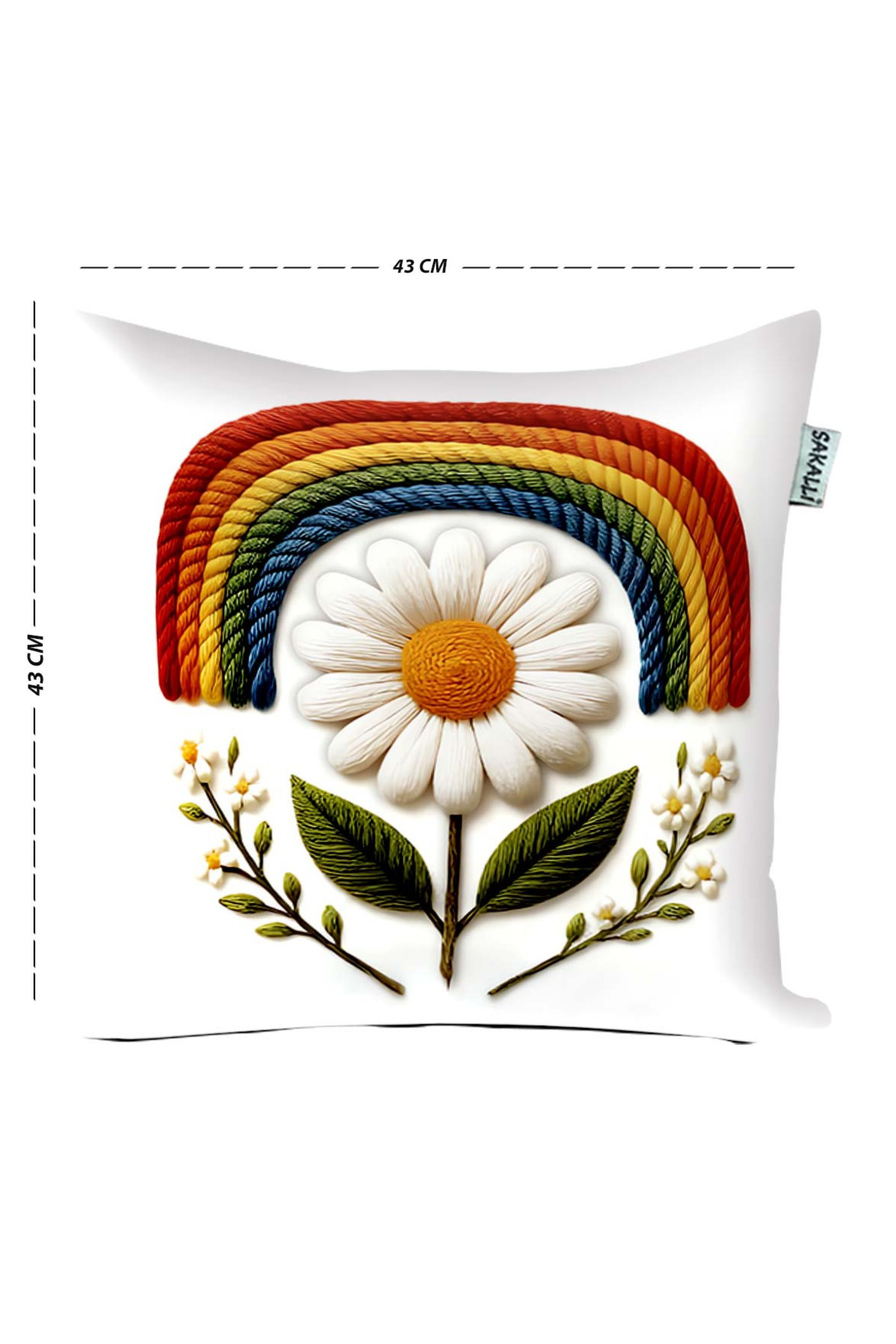 Gökkuşağı Papatya Nakış Görünümlü Dijital Baskılı Dekoratif 4 lü 