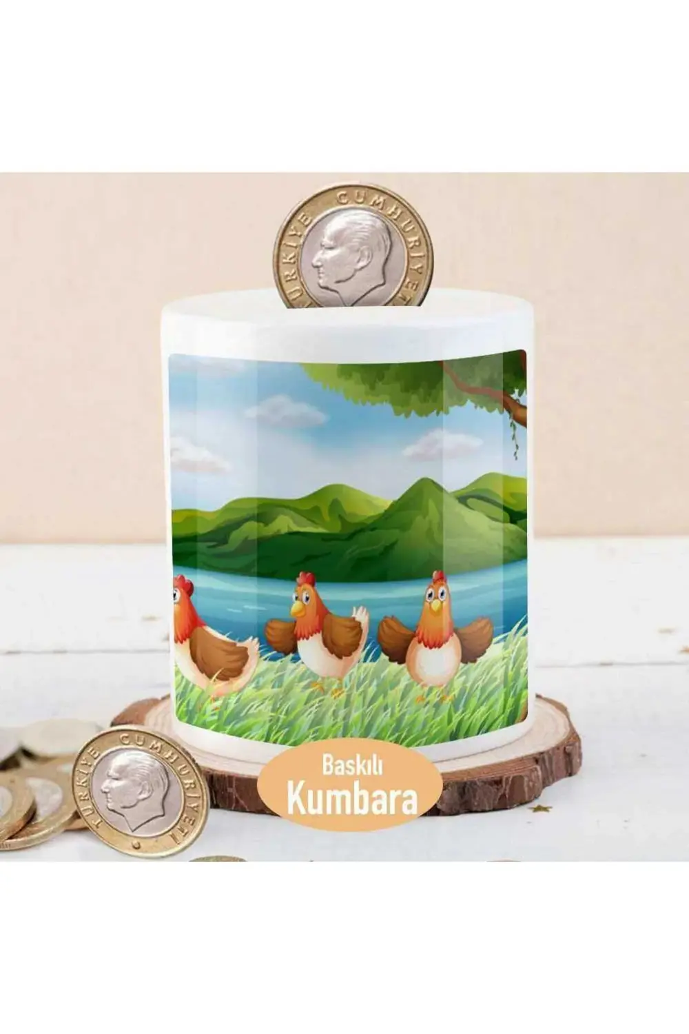 Göl Kenarında Sevimli Tavuklar Baskılı Para Birikim Kumbarası-251