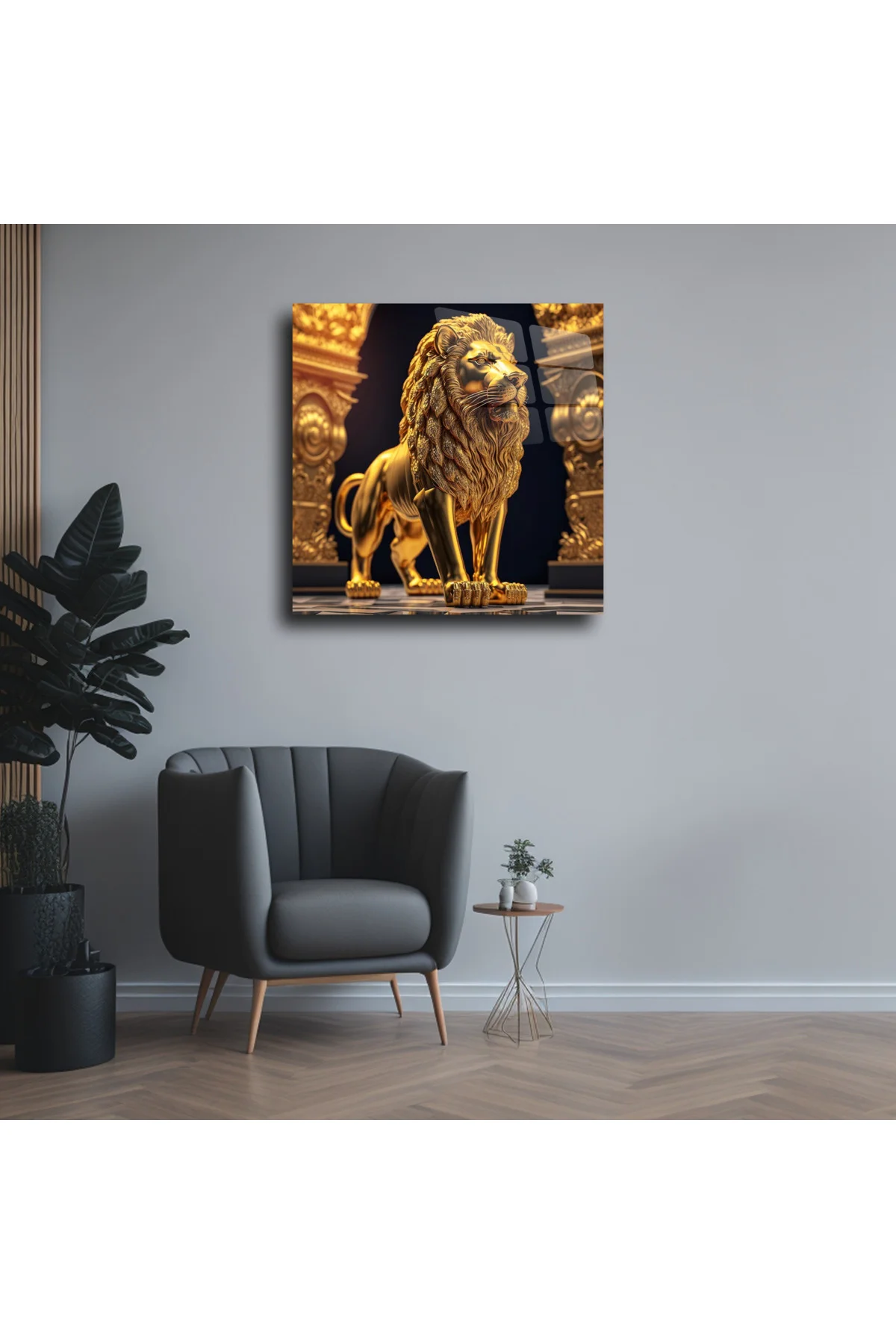 Gold Altın Sarısı Aslan Cam Tablo Duvar Dekoru