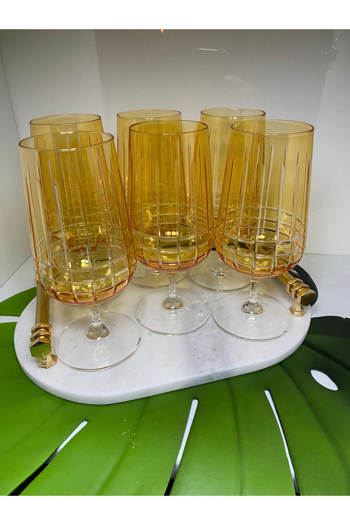 Elif Aksesuar Gold Amber Ayaklı Kadeh Bardağı 6 Lı