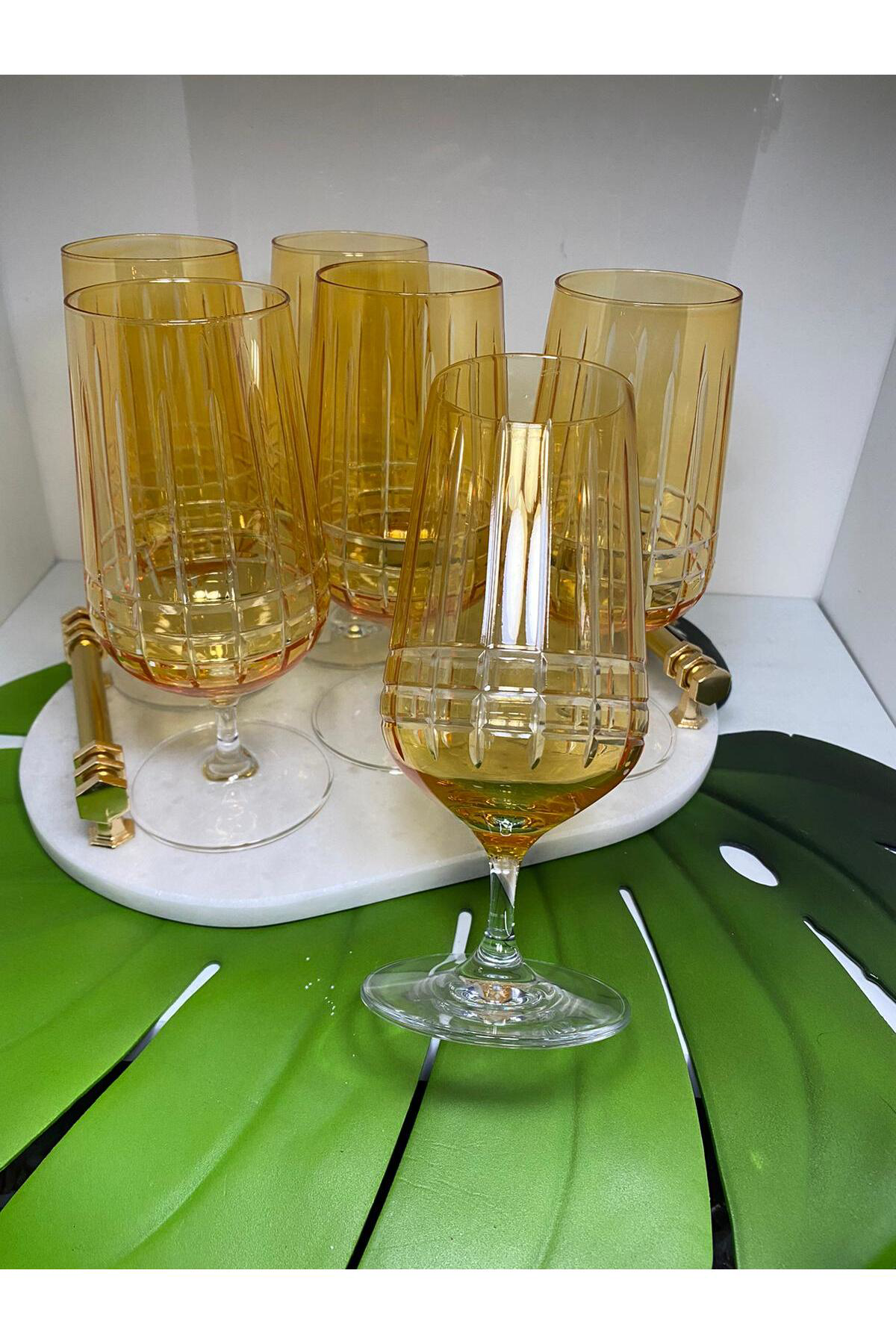 Elif Aksesuar Gold Amber Ayaklı Kadeh Bardağı 6 Lı