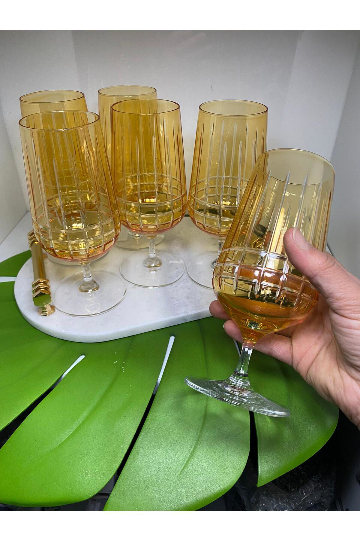 Elif Aksesuar Gold Amber Ayaklı Kadeh Bardağı 6 Lı