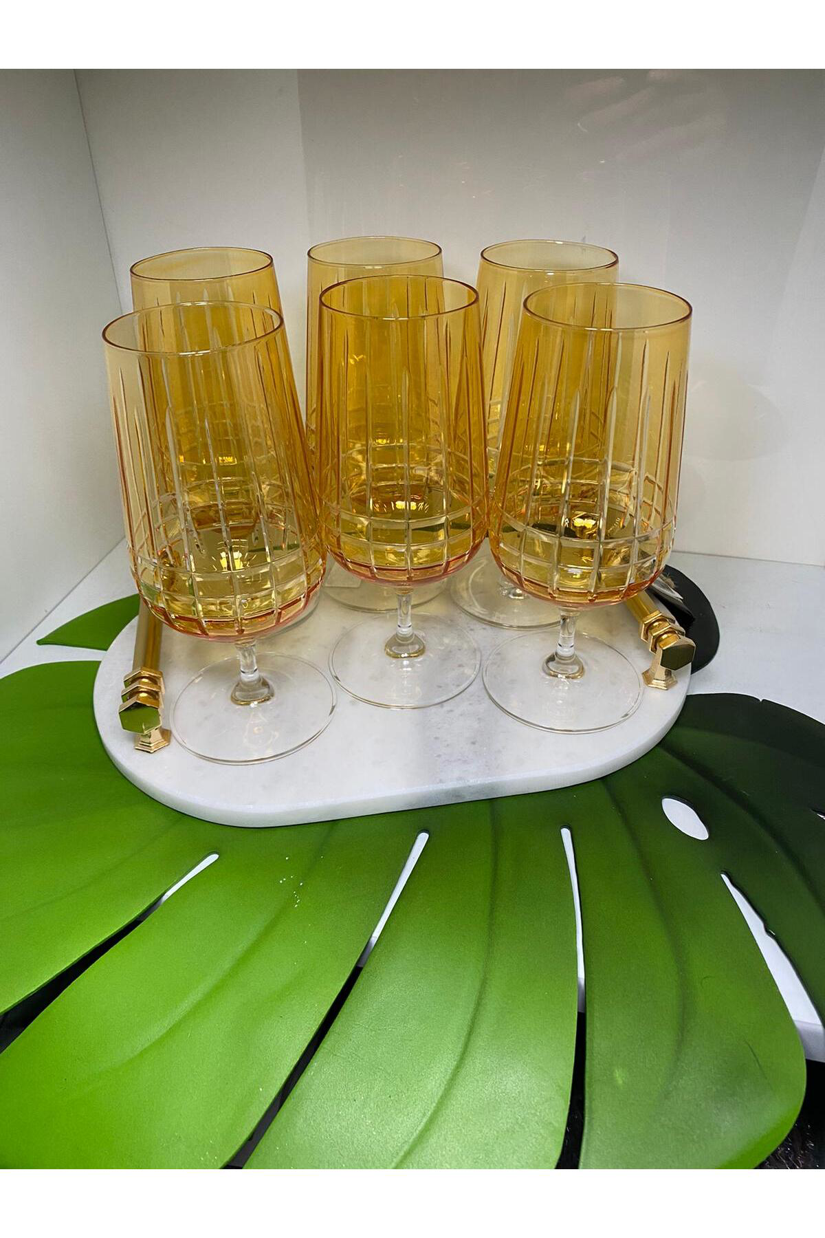 Elif Aksesuar Gold Amber Ayaklı Kadeh Bardağı 6 Lı