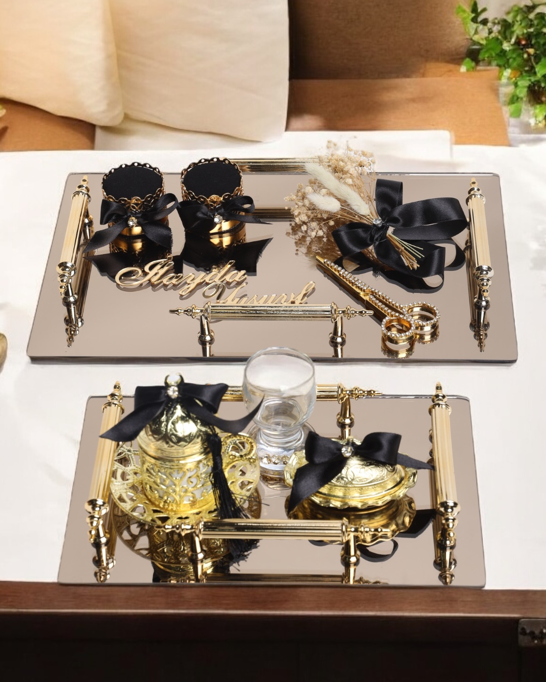 Cyzhome Gold Ayna 4 Kulplu Dikdörtgen Söz Nişan Tepsisi Ve Damat Kahve Fi