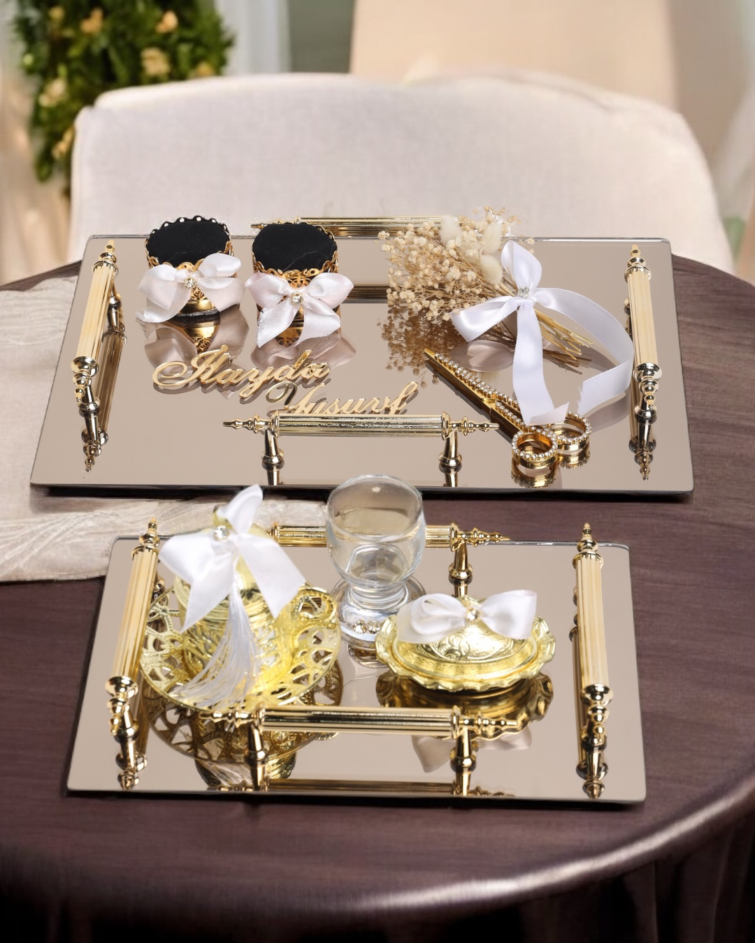 Cyzhome Gold Ayna 4 Kulplu Dikdörtgen Söz Nişan Tepsisi Ve Damat Kahve Fi