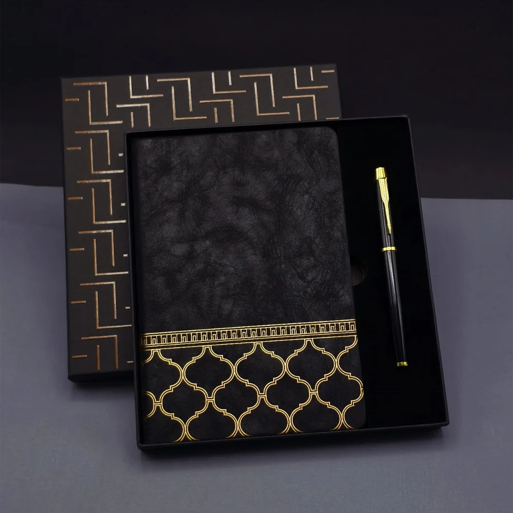 Gold Desen Siyah Deri Defter Kalem Set Gold Desen Siyah Deri Defter Kalem Set