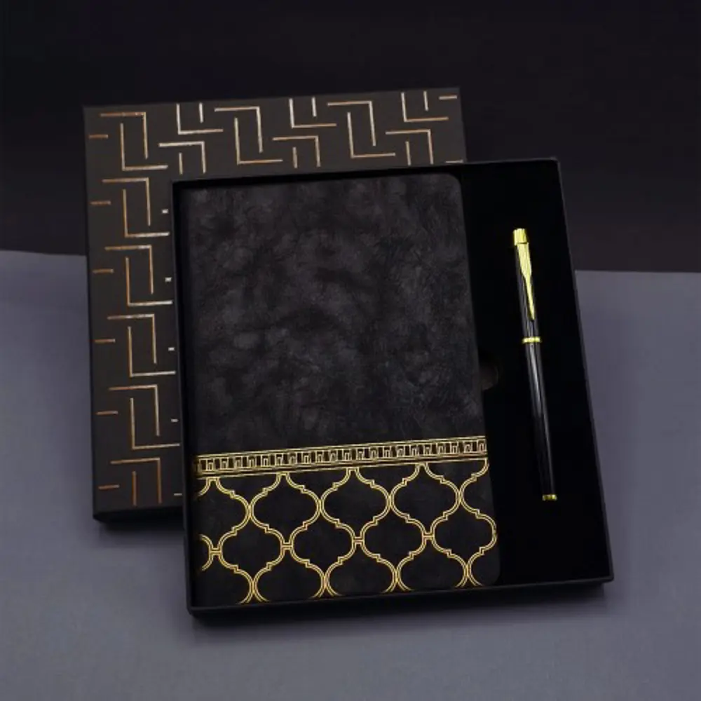Gold Desen Siyah Deri Defter Kalem Set Gold Desen Siyah Deri Defter Kalem Set