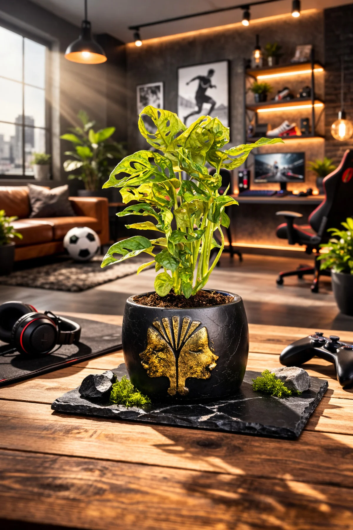 Gold Detaylı Siyah Saksıda Monstera Monkey Adansonii – Dekoratif 