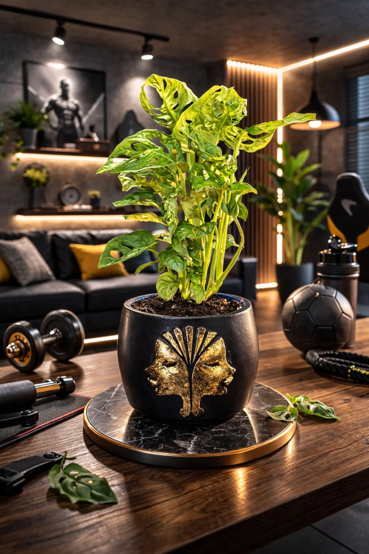 Gold Detaylı Siyah Saksıda Monstera Monkey Adansonii – Dekoratif 
