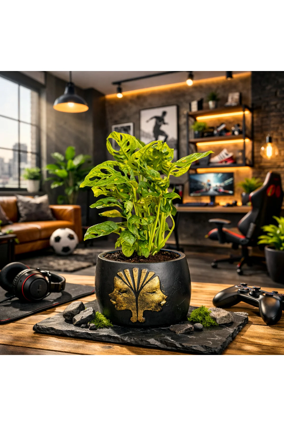 Gold Detaylı Siyah Saksıda Monstera Monkey Adansonii – Dekoratif 