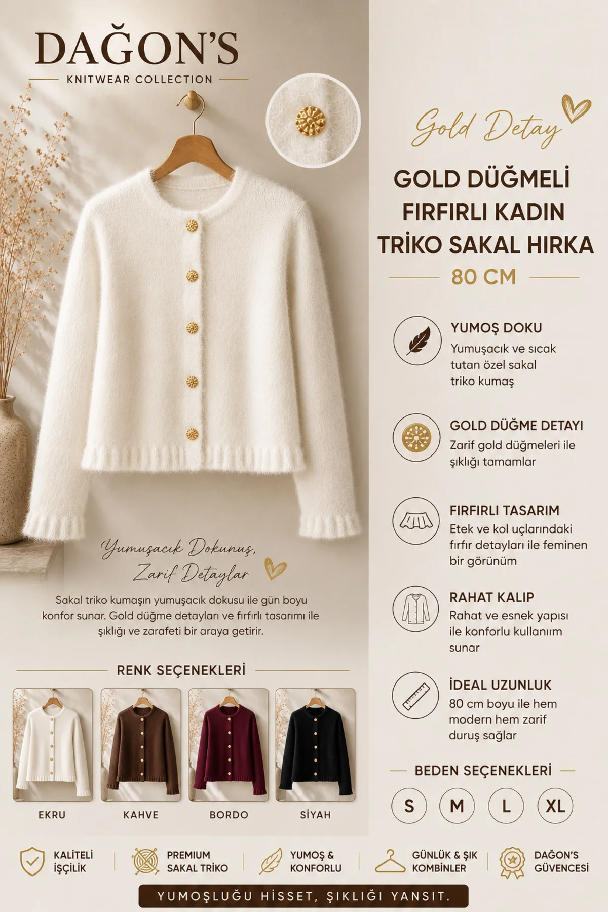 Gold Düğmeli Fırfırlı Kadın Triko Sakal Hırka