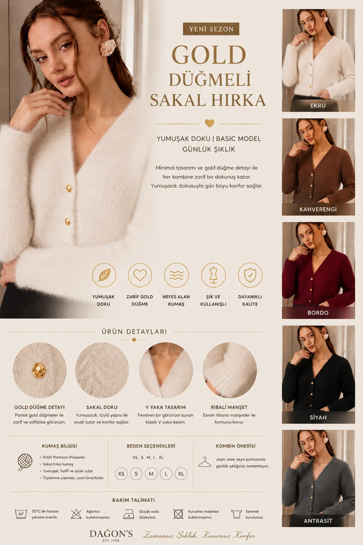 Gold Düğmeli Kadın Sakal Yumuşak Dokulu Basic Hırka Gold Düğmeli Kadın Sakal Yumuşak Dokulu Basic Hırka