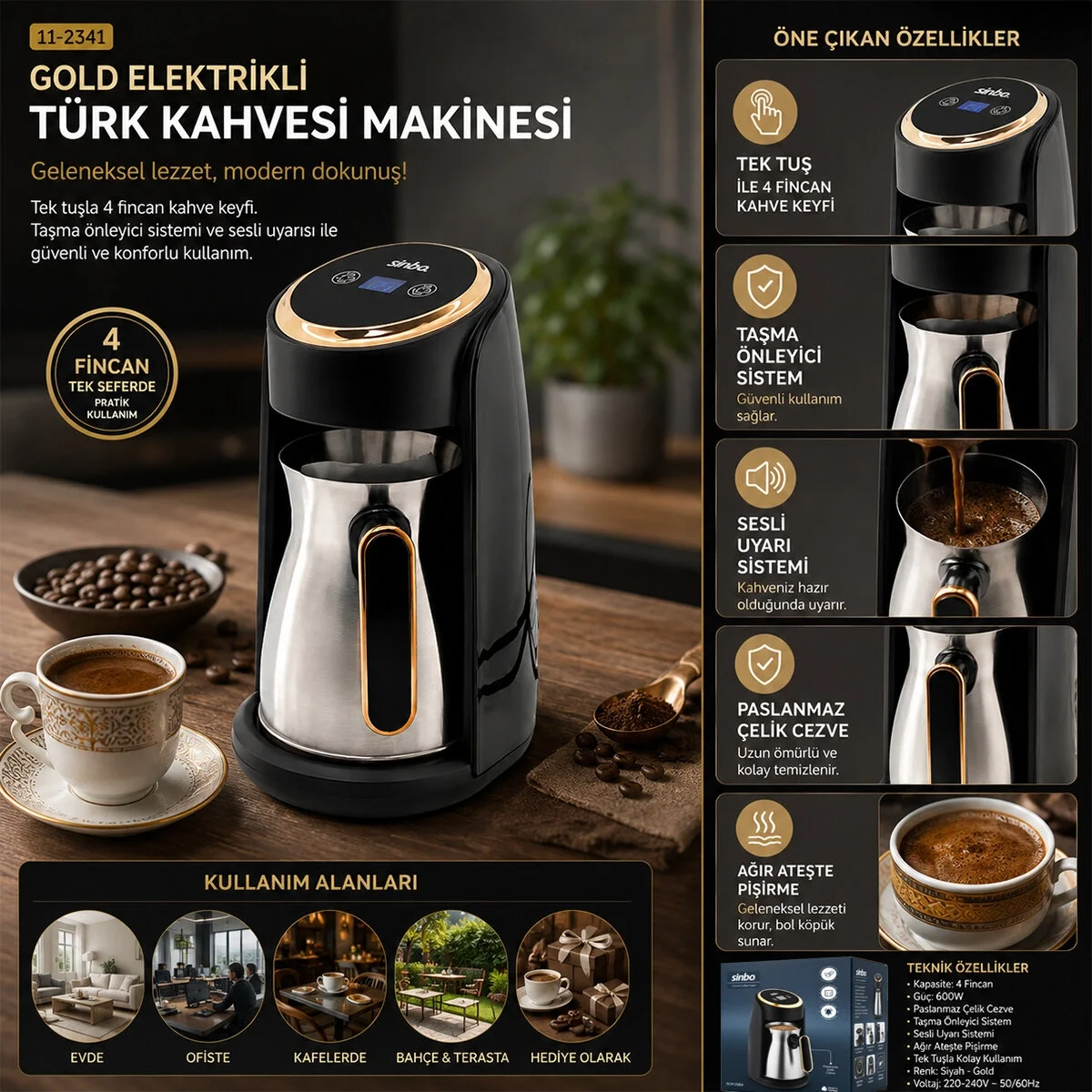 Gold Elektrikli Türk Kahvesi Makinesi 4 Fincan Sesli Uyarı - Taşma Önleyici Sistem Scm-2984 Bx40