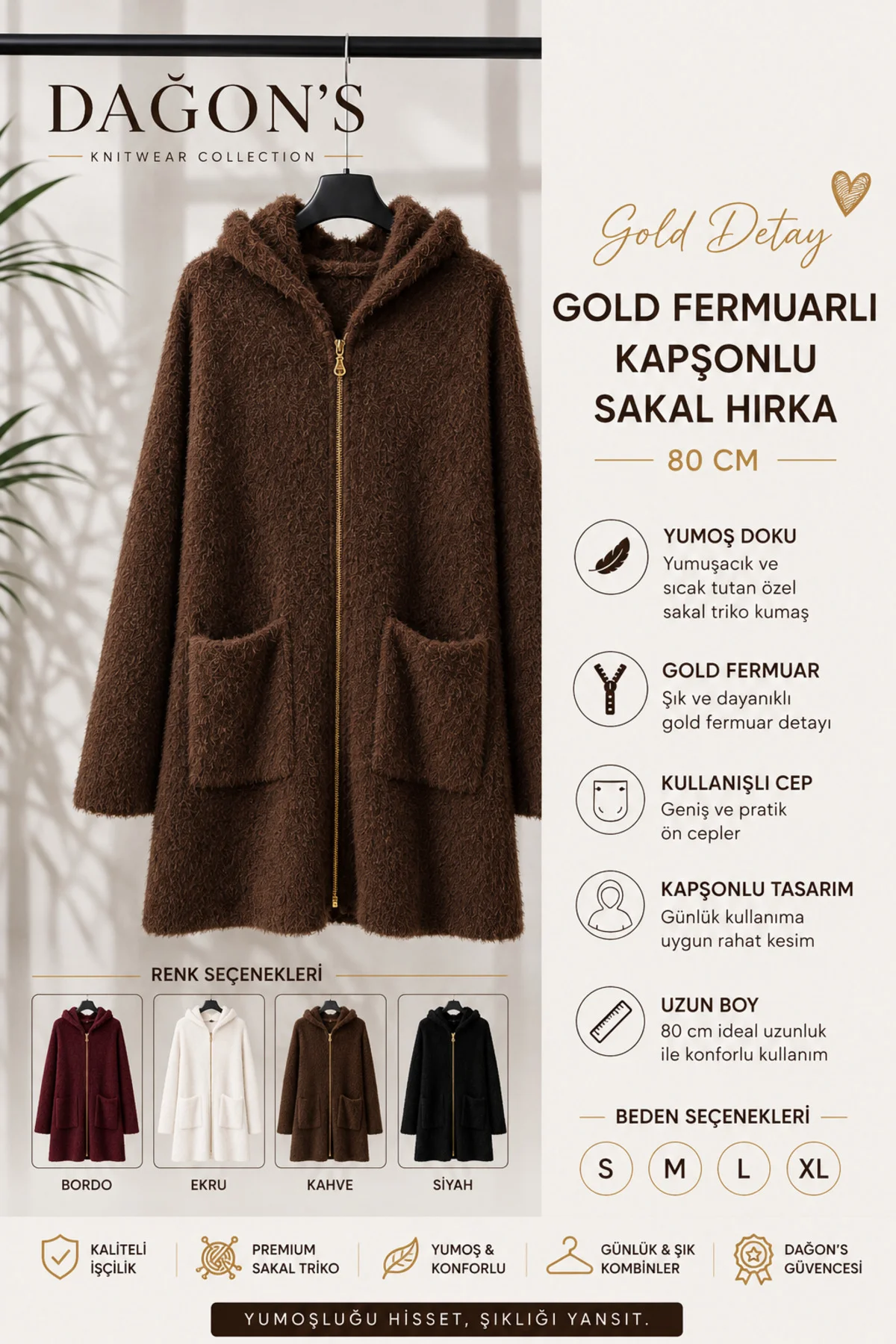 Gold Fermuarlı Kapşonlu Kadın Sakal Uzun Hırka 80 Cm Fiyatı, Yorumları ve Özellikleri