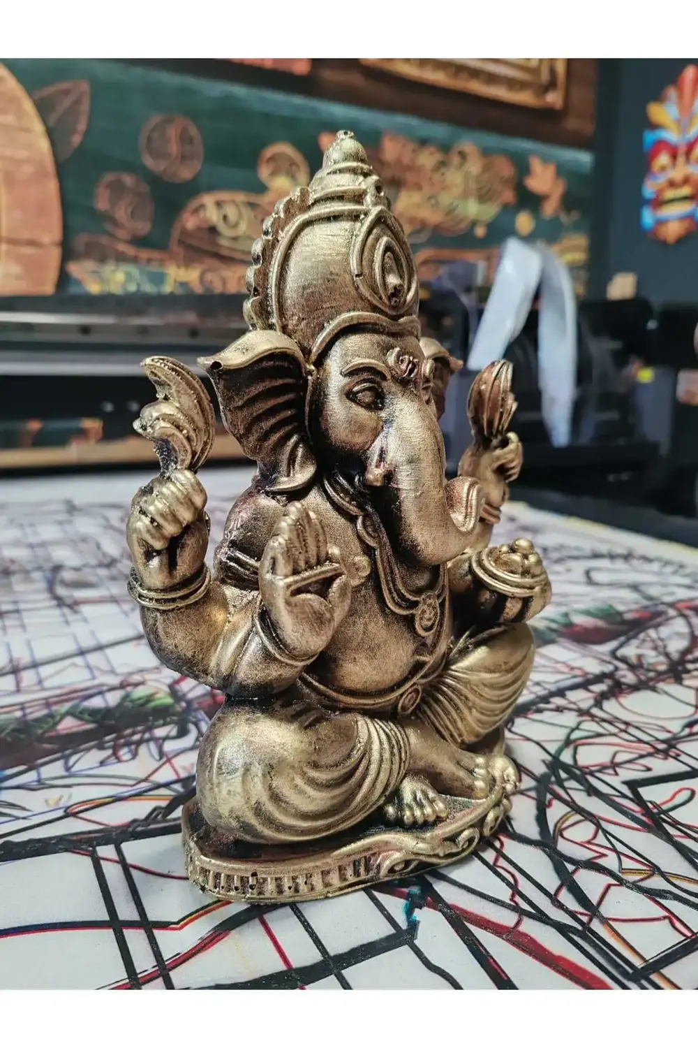 Gold Ganesha Heykeli – Altın Eskitme Hindu Şans ve Bereket Figürü