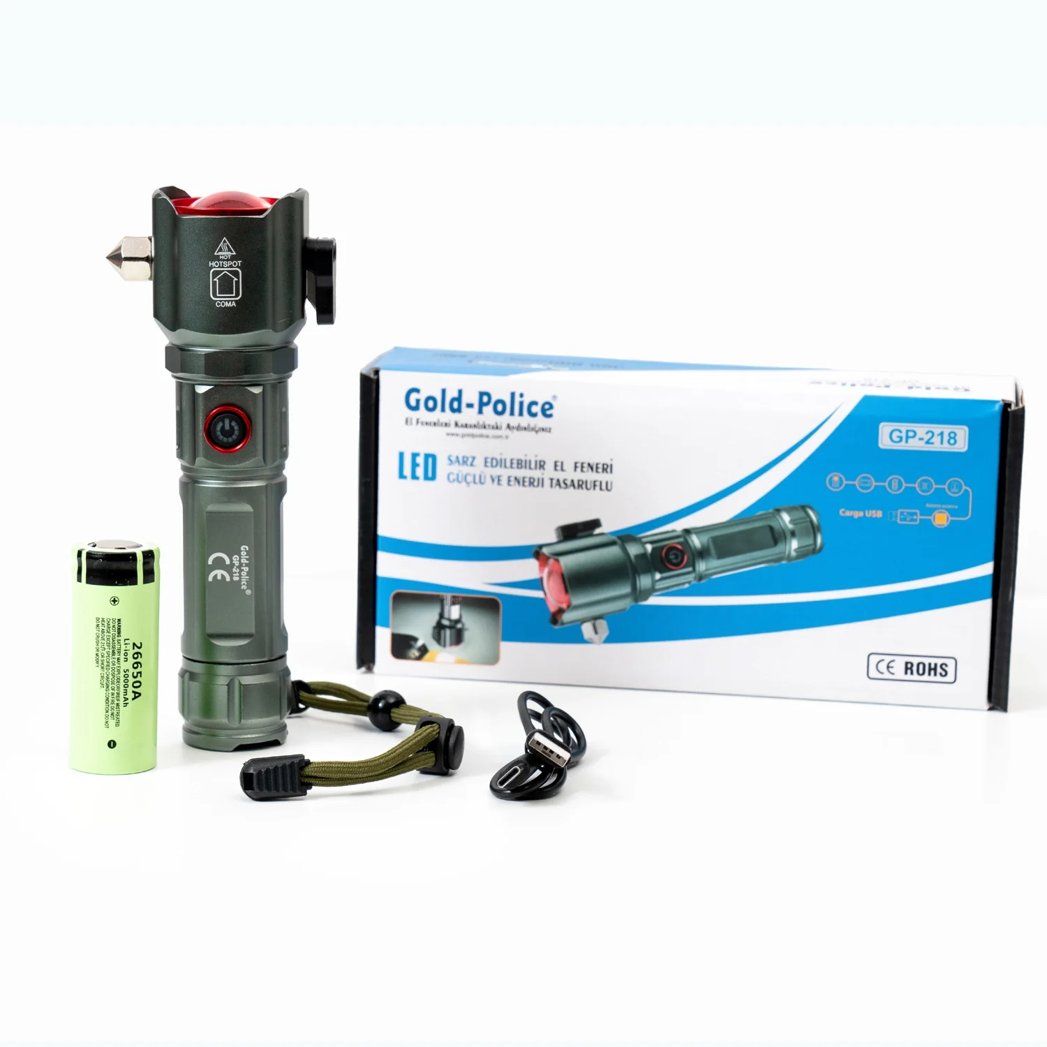 Gold Gp-218 İle Sınırları Aşın Yeni Nesil Tg Led Teknolojisiyle Ultra Uzun Menzilli Aydınlatma Ve Acil Durumlar İçin Dahili Cam Kırıcı Bir Arada. Şarj