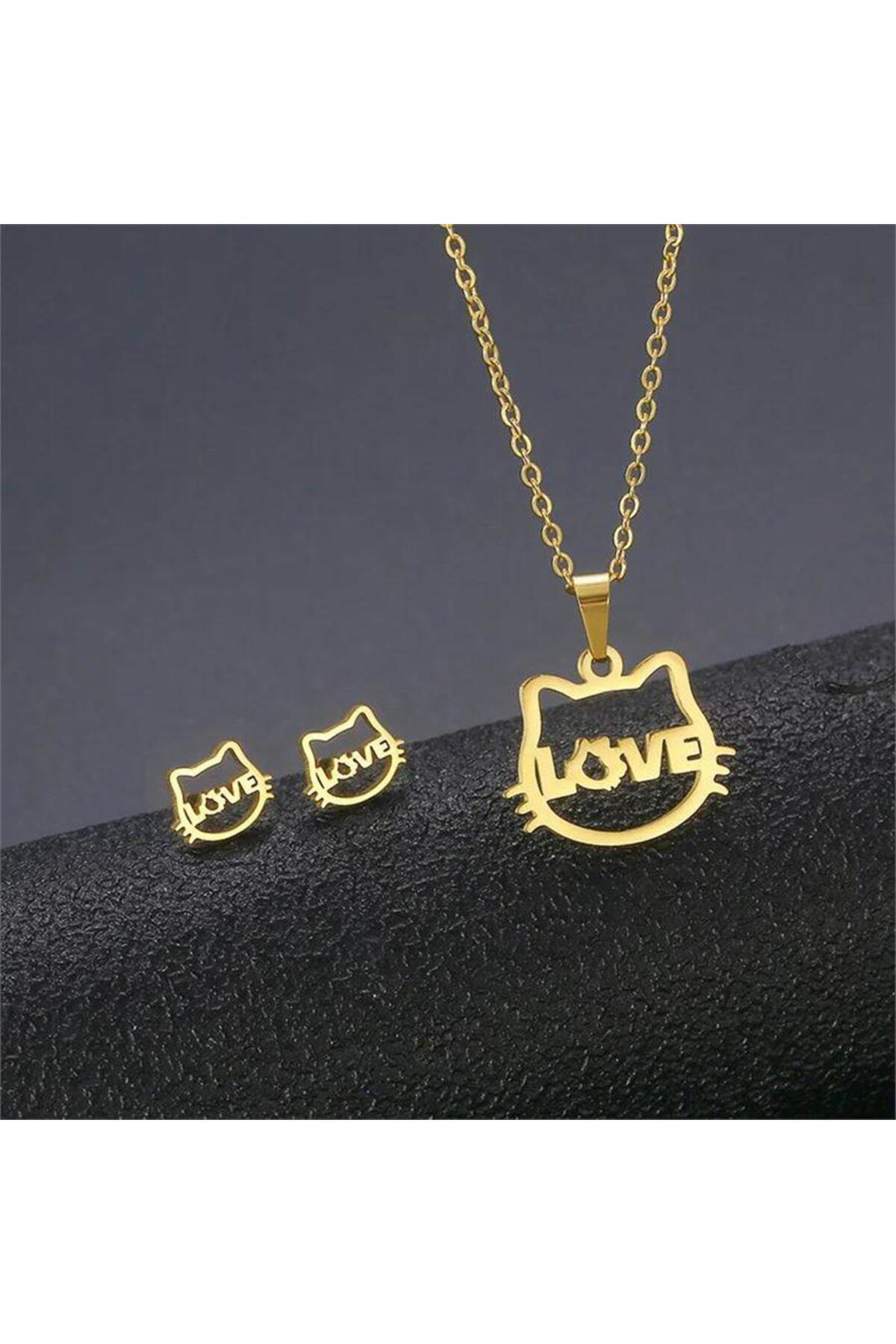 Gold Hello Kitty Face Love Kolye Ve Küpe Seti