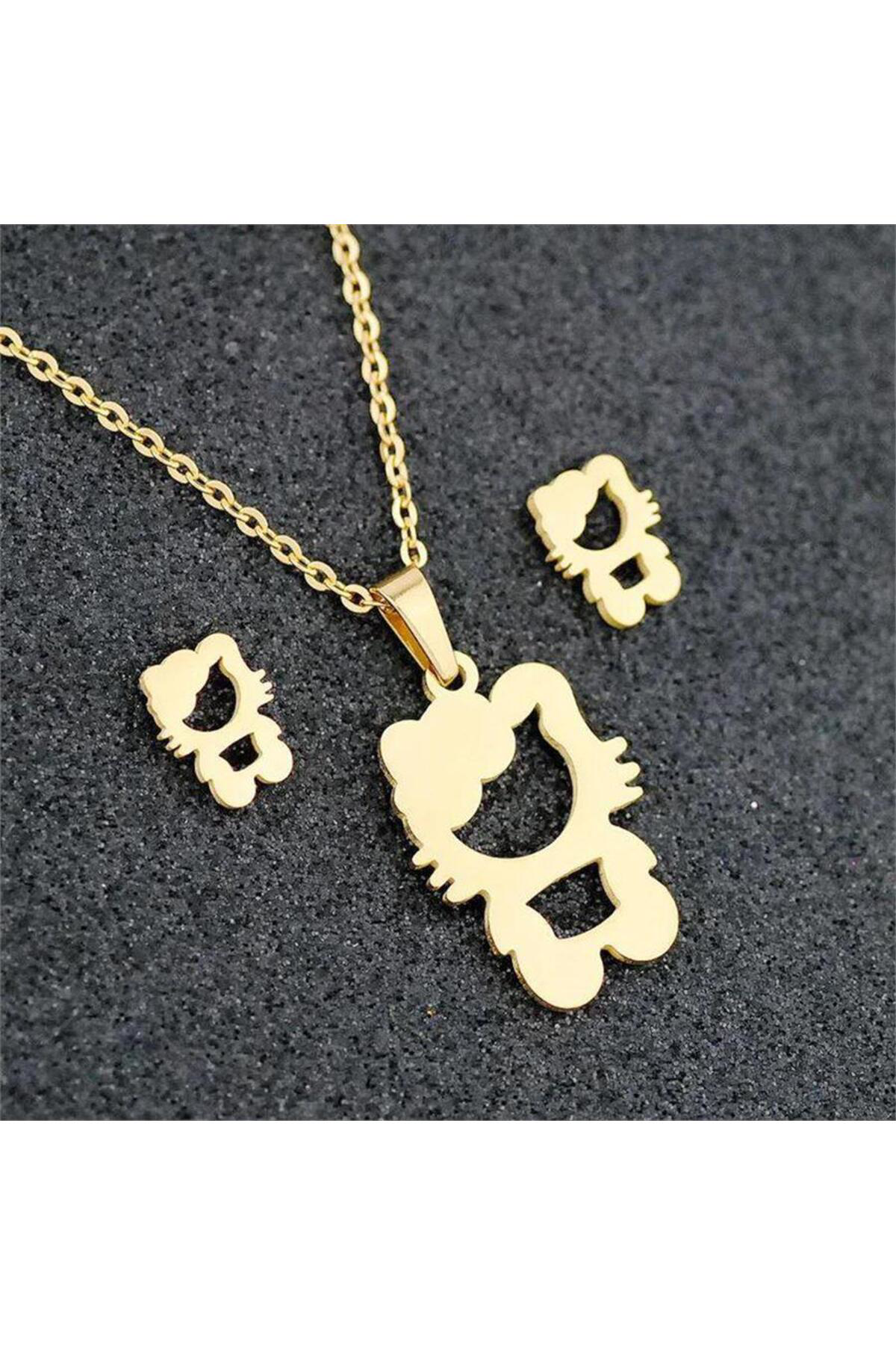 Gold Hello Kitty Silüet Kolye Ve Küpe Seti
