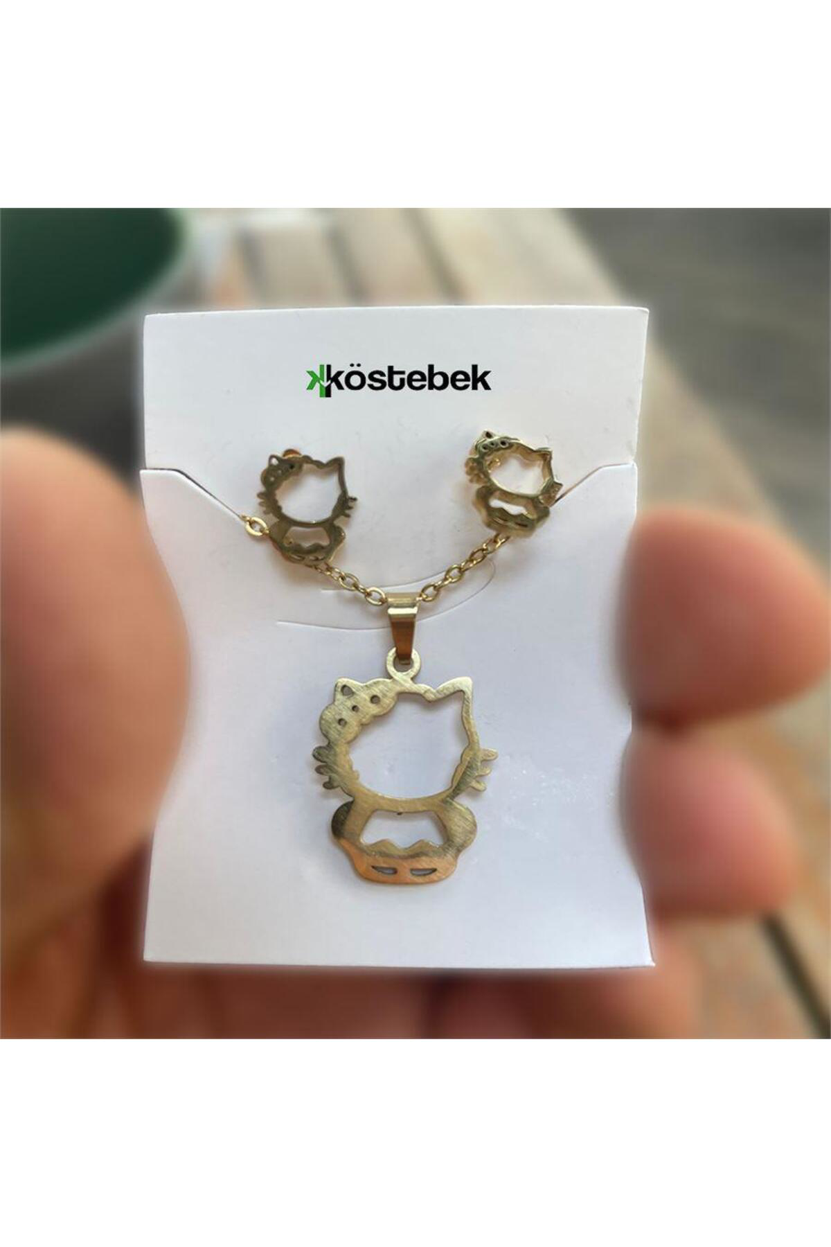Gold Hello Kitty Toka Detaylı Silüet Kolye Ve Küpe Seti