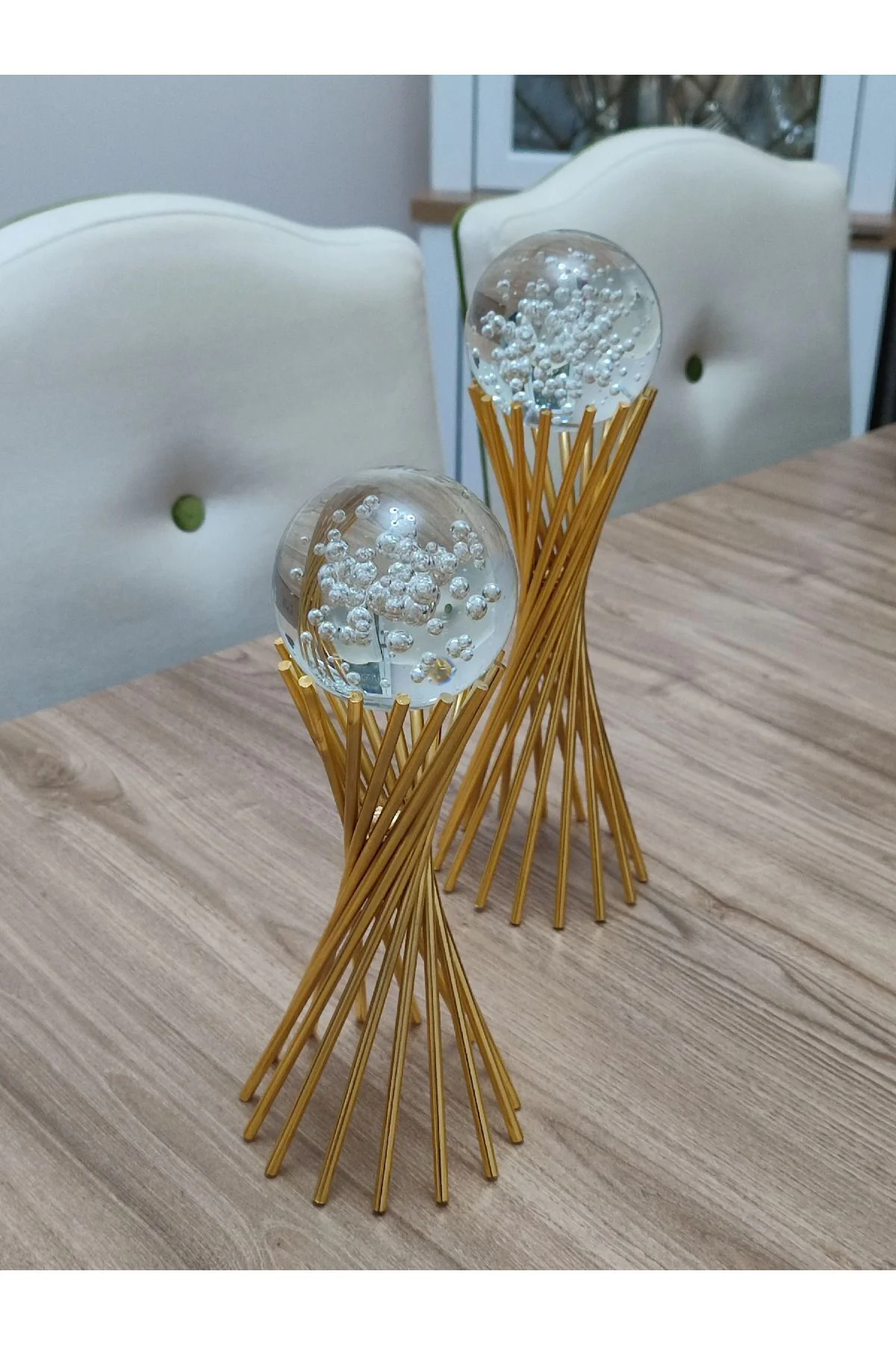 Gold Kabarcık Küre 2'li Metal Biblo Obje Ev Aksesuar Masa Konsol 