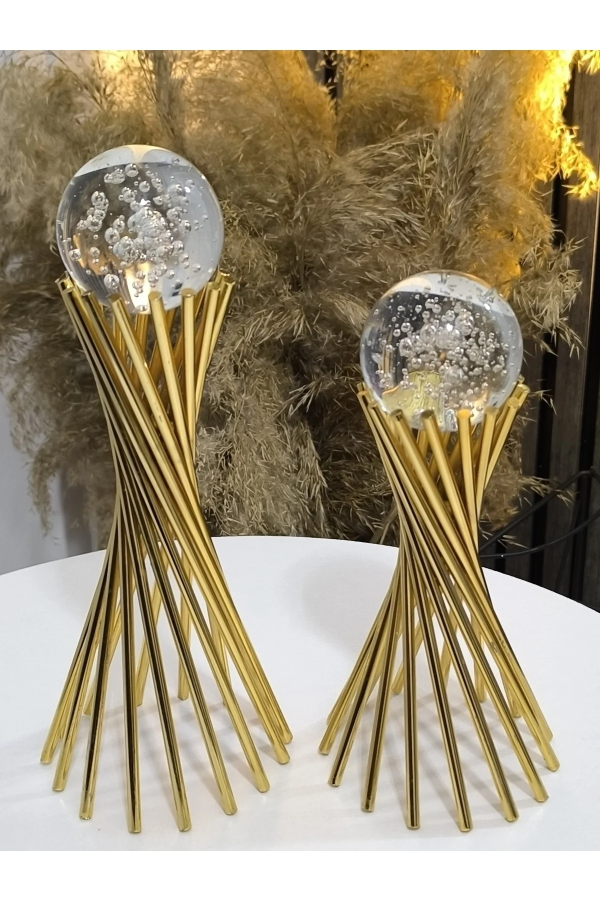 Gold Kabarcık Küre 2'li Metal Biblo Obje Ev Aksesuar Masa Konsol 
