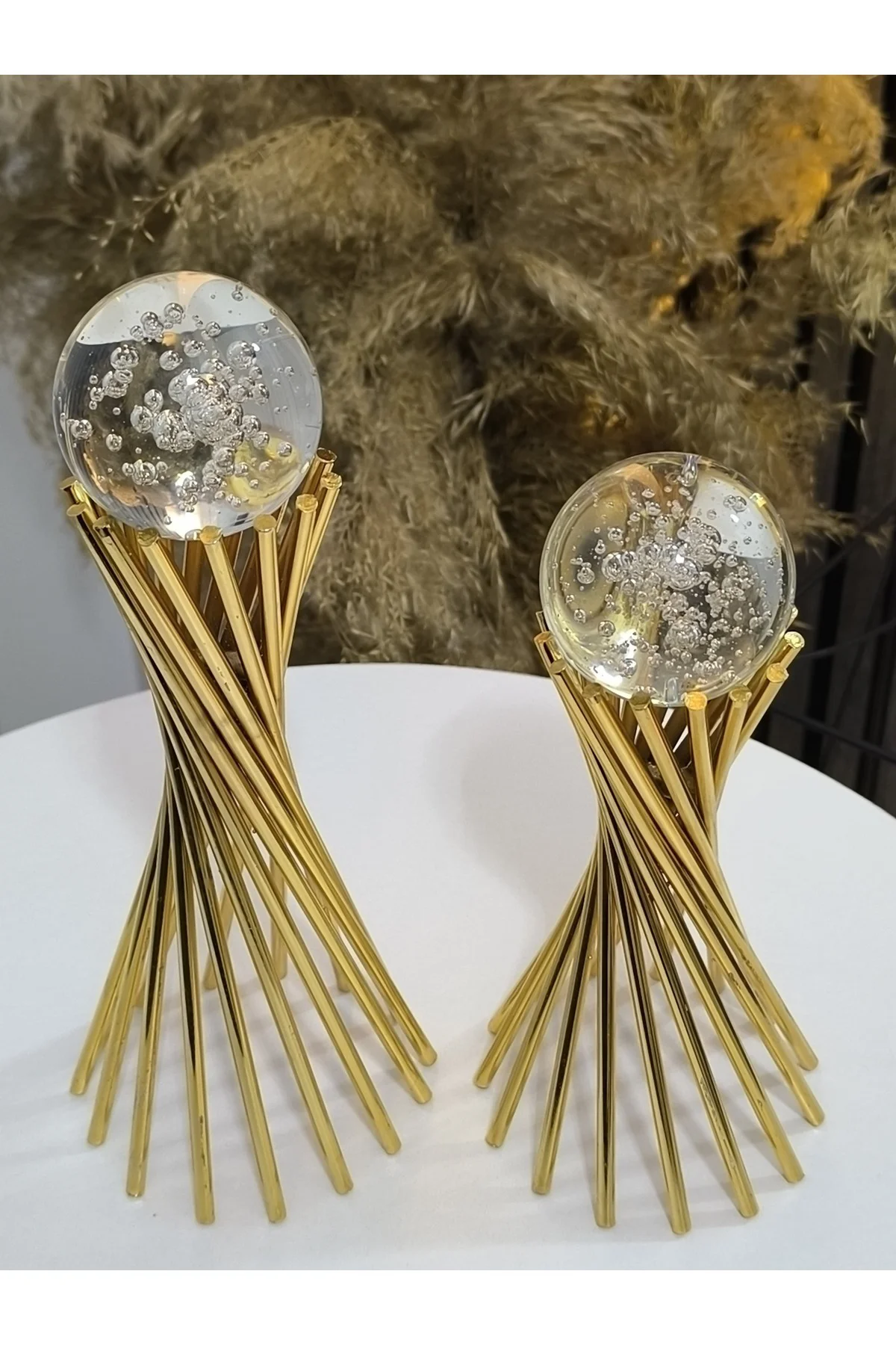 Gold Kabarcık Küre 2'li Metal Biblo Obje Ev Aksesuar Masa Konsol 