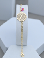 GOLD KAPLAMA ASORTİ DOĞAL TAŞ DETAY YAŞAM ÇİÇEĞİ FİGÜR BİLEKLİK-B