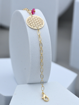 GOLD KAPLAMA ASORTİ DOĞAL TAŞ DETAY YAŞAM ÇİÇEĞİ FİGÜR BİLEKLİK-B