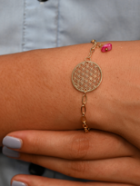 GOLD KAPLAMA ASORTİ DOĞAL TAŞ DETAY YAŞAM ÇİÇEĞİ FİGÜR BİLEKLİK-B