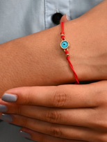 GOLD KAPLAMA CAM NAZAR BONCUK DETAY MAKROME ÖRME BİLEKLİK-BİLEKLİ