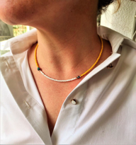 GOLD KAPLAMA HOLOGRAM HEMATİT DETAY SARI-BEYAZ BONCUK KOLYE-KOL10