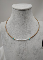 GOLD KAPLAMA KAHVERENGİ BEYAZ BONCUK FİRUZE TAŞ DETAY KOLYE-0KOL6