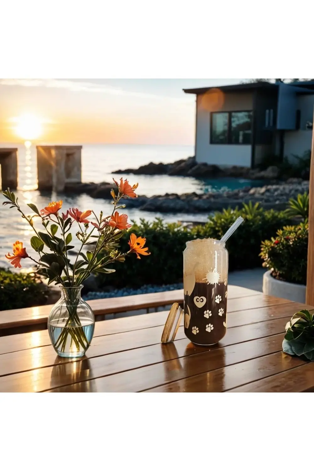 Gold kedi, pati desenli, bambu kapaklı, cam pipetli, cam bardak,