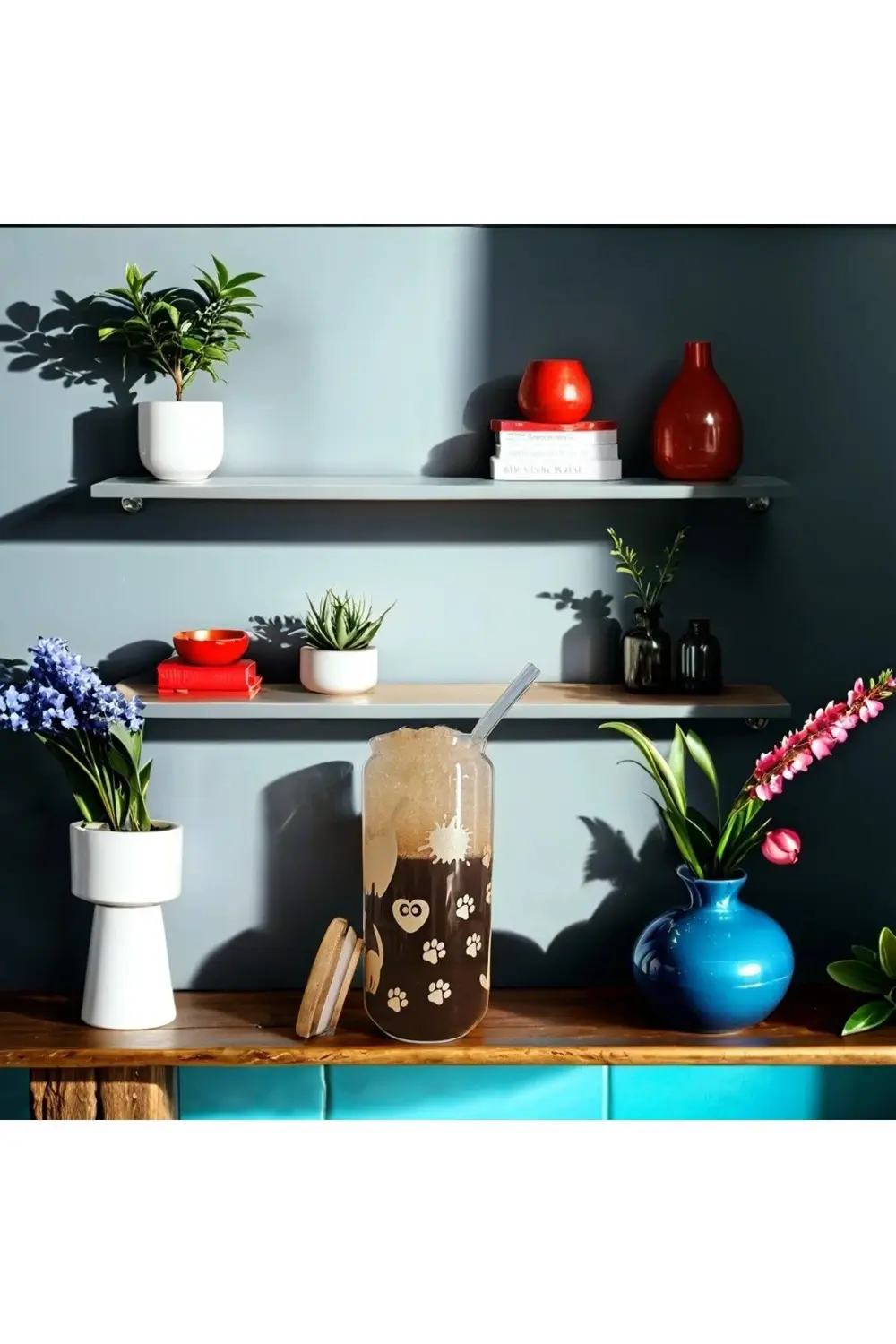 Gold kedi, pati desenli, bambu kapaklı, cam pipetli, cam bardak,