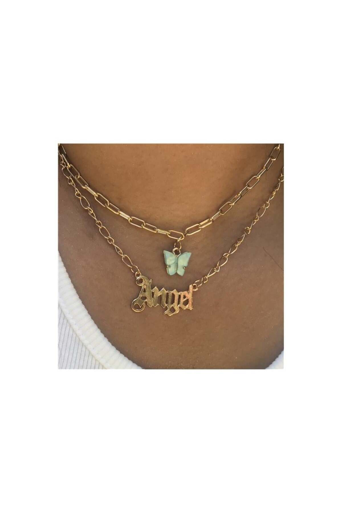 Gold Kelebek Ve Angel İkili Kolye Takımı