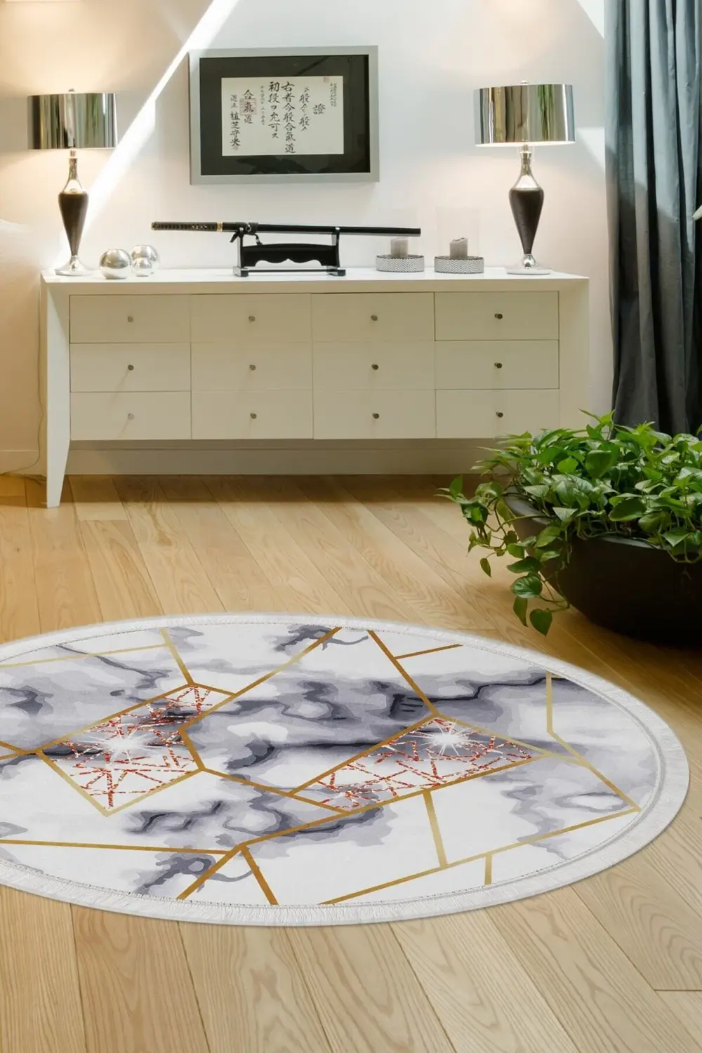 Gold Kristal Saçaklı Dijital Yuvarlak Halı Kaymaz Yıkanabilir 120