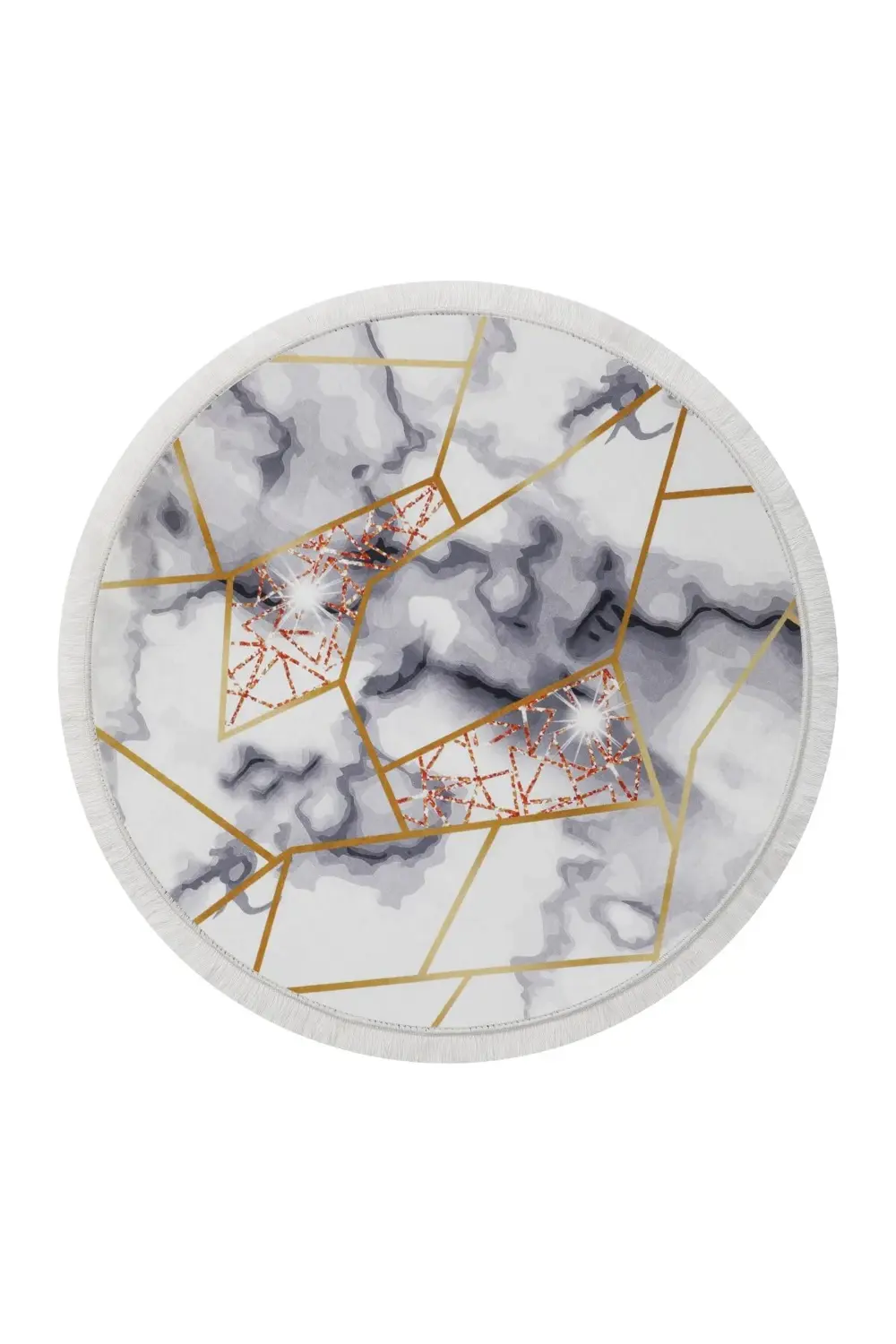 Gold Kristal Saçaklı Dijital Yuvarlak Halı Yıkanabilir Banyo Pasp