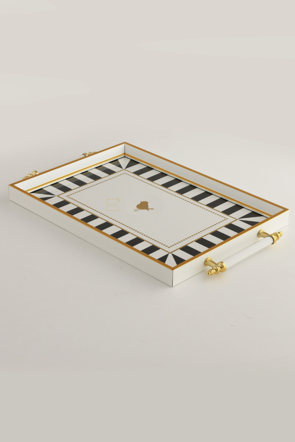 Gold Kuş Figürlü Cam Kahve Tepsisi - 46x28 cm Modern Dekoratif Su