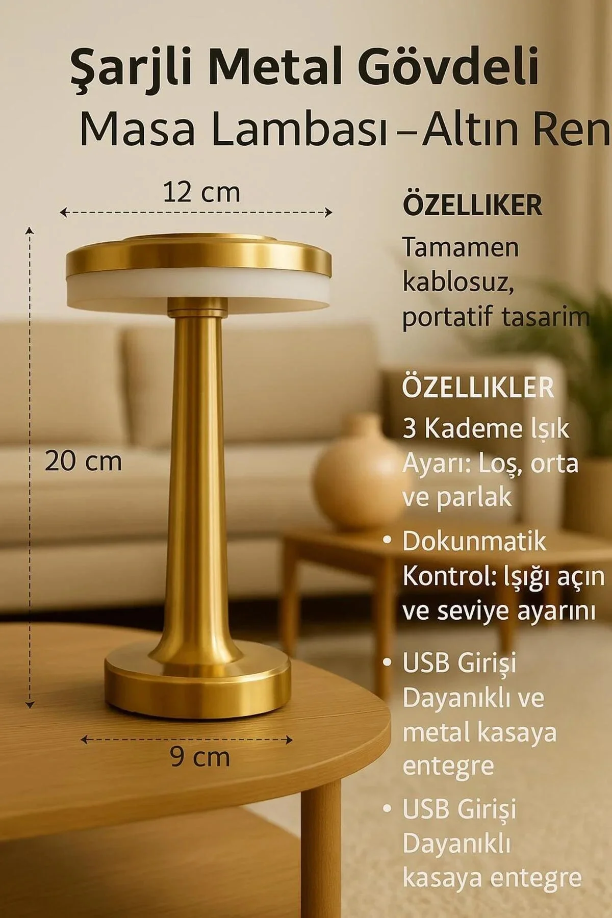 Gold Mantar Masa Lambası 3 Renk Modlu Kablosuz Şarjlı Dekoratif Metal LED Abajur Fiyatı, Yorumları ve Özellikleri