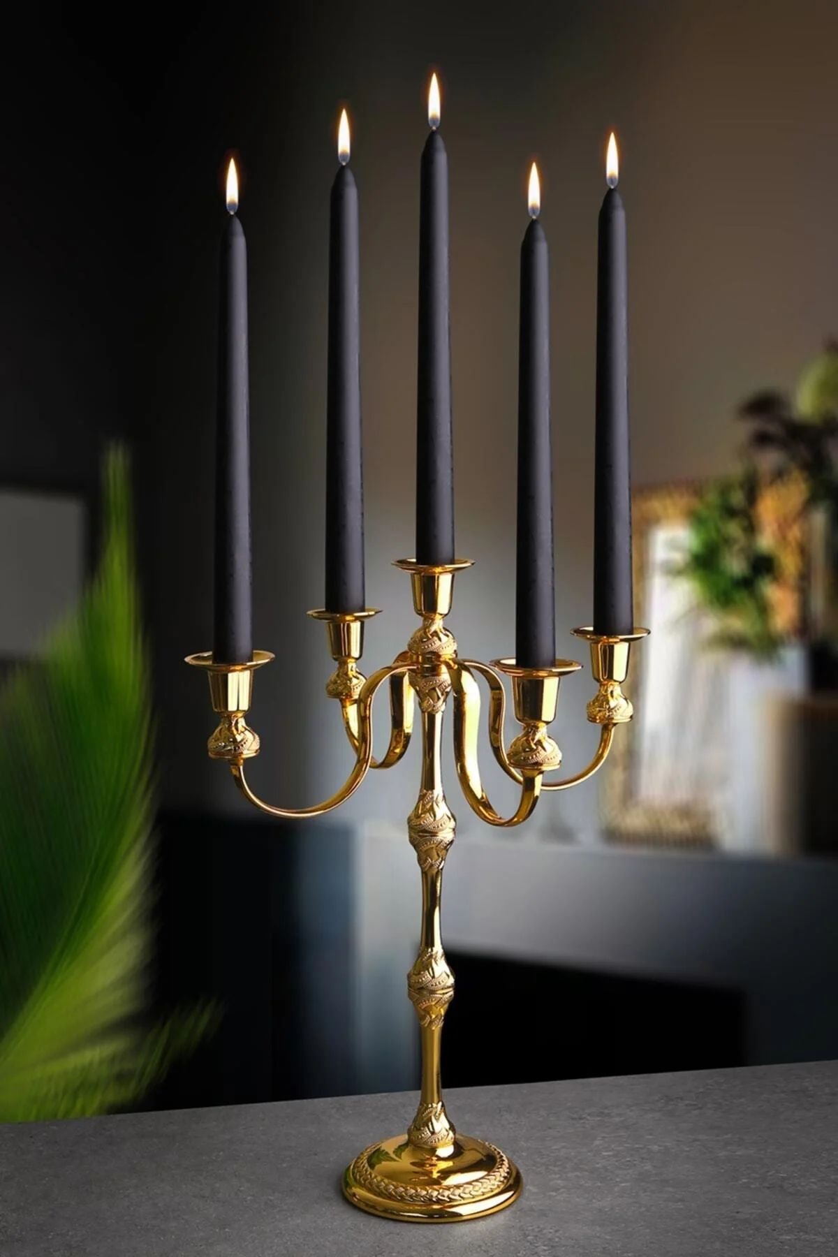 Gold Metal 5 Kollu Şamdan Mumluk Çap: 30cm H.40cm