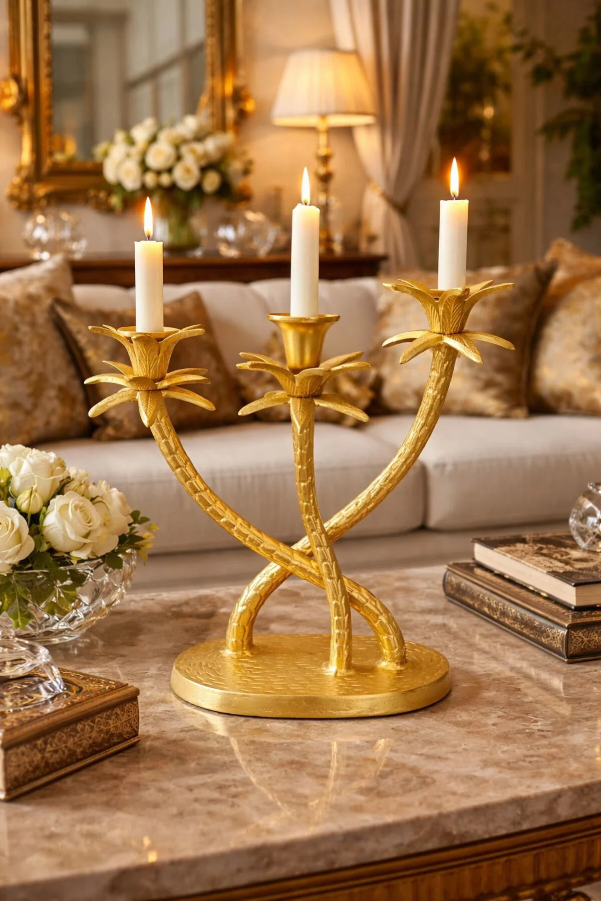 Gold Metal Üçlü Ananas Filli Mumluk 12*33*33 CM