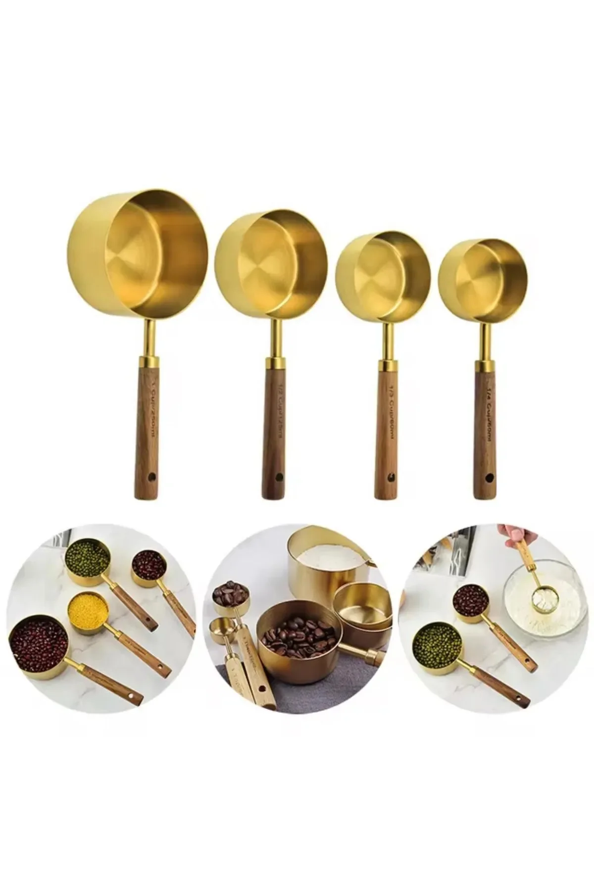Gold Ölçü Kaşığı Seti 4lü Ahşap Saplı Ölçü Kabı Seti