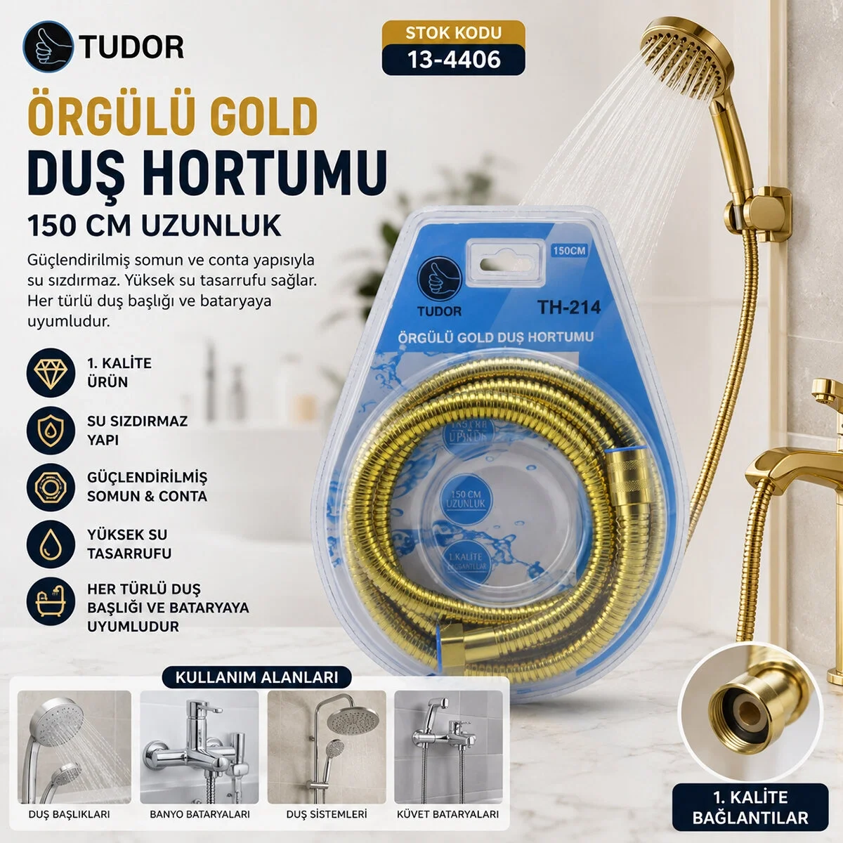 Gold Örgülü Duş Hortumu 150cm Vakumlu Ambalaj Bx40 Fiyatı, Yorumları ve Özellikleri