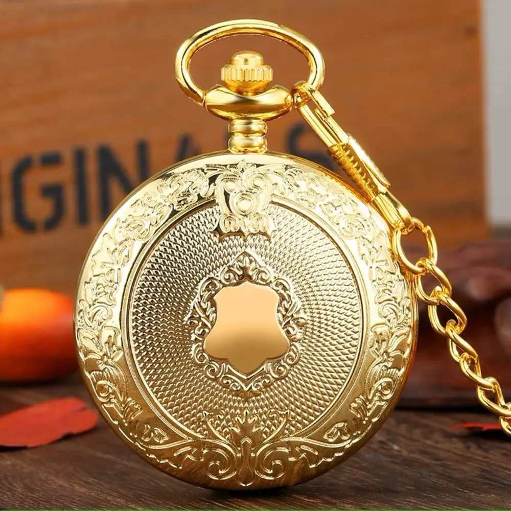 Gold Oymalı Desenli Lüx Zincirli Köstekli Cep Saati SL10720