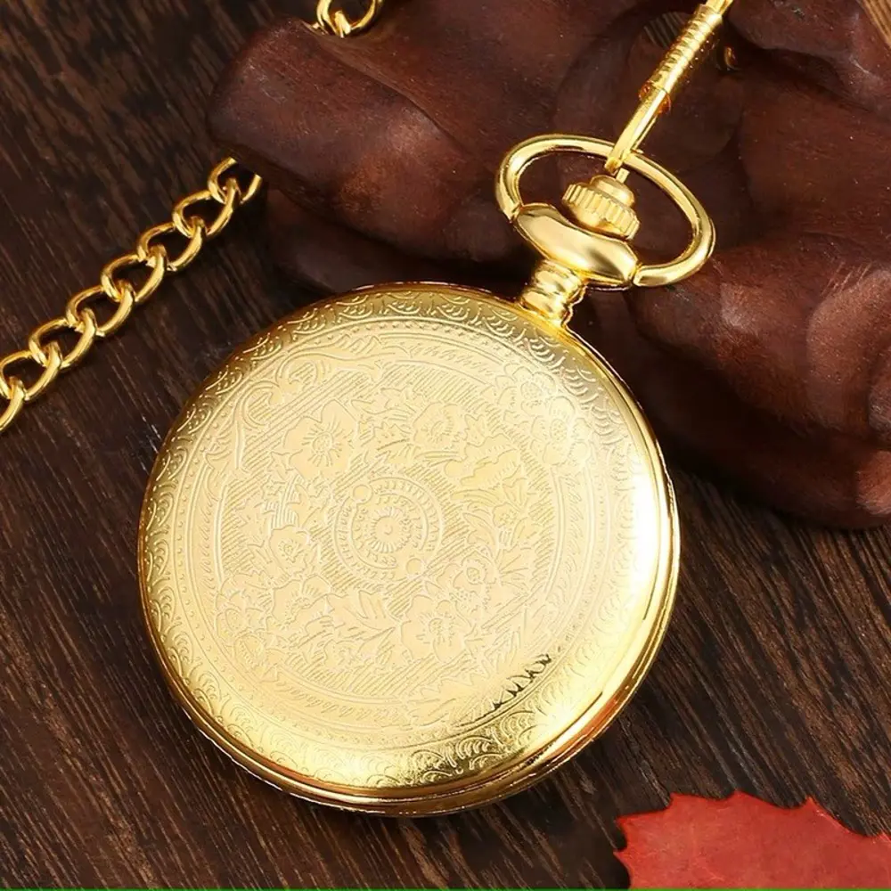 Gold Oymalı Desenli Lüx Zincirli Köstekli Cep Saati SL10720