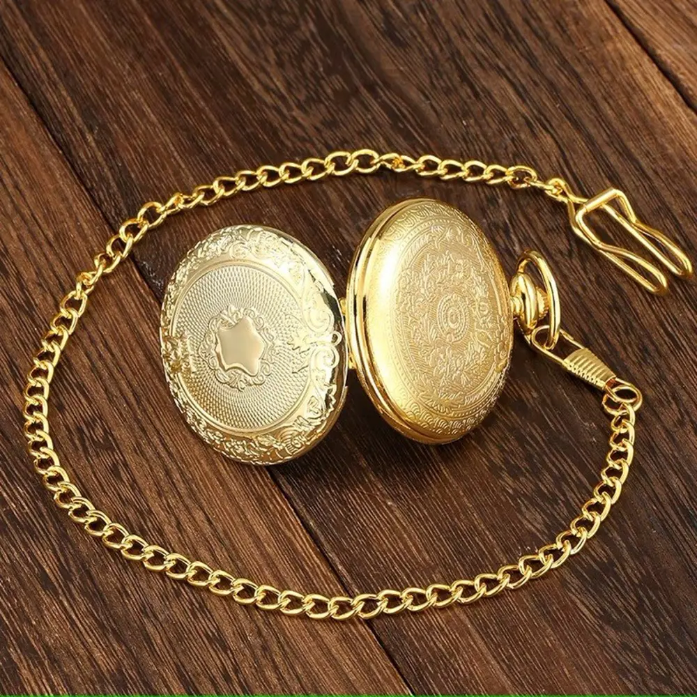Gold Oymalı Desenli Lüx Zincirli Köstekli Cep Saati SL10720