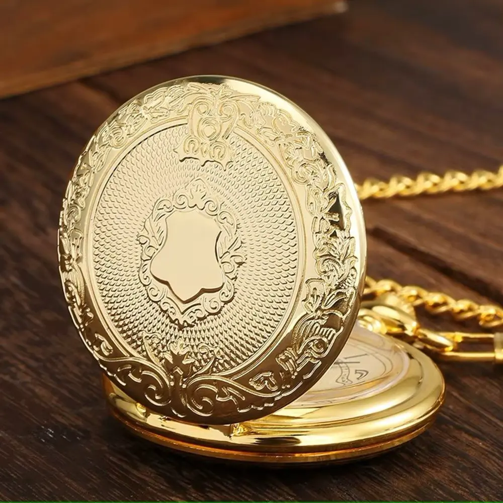 Gold Oymalı Desenli Lüx Zincirli Köstekli Cep Saati SL10720