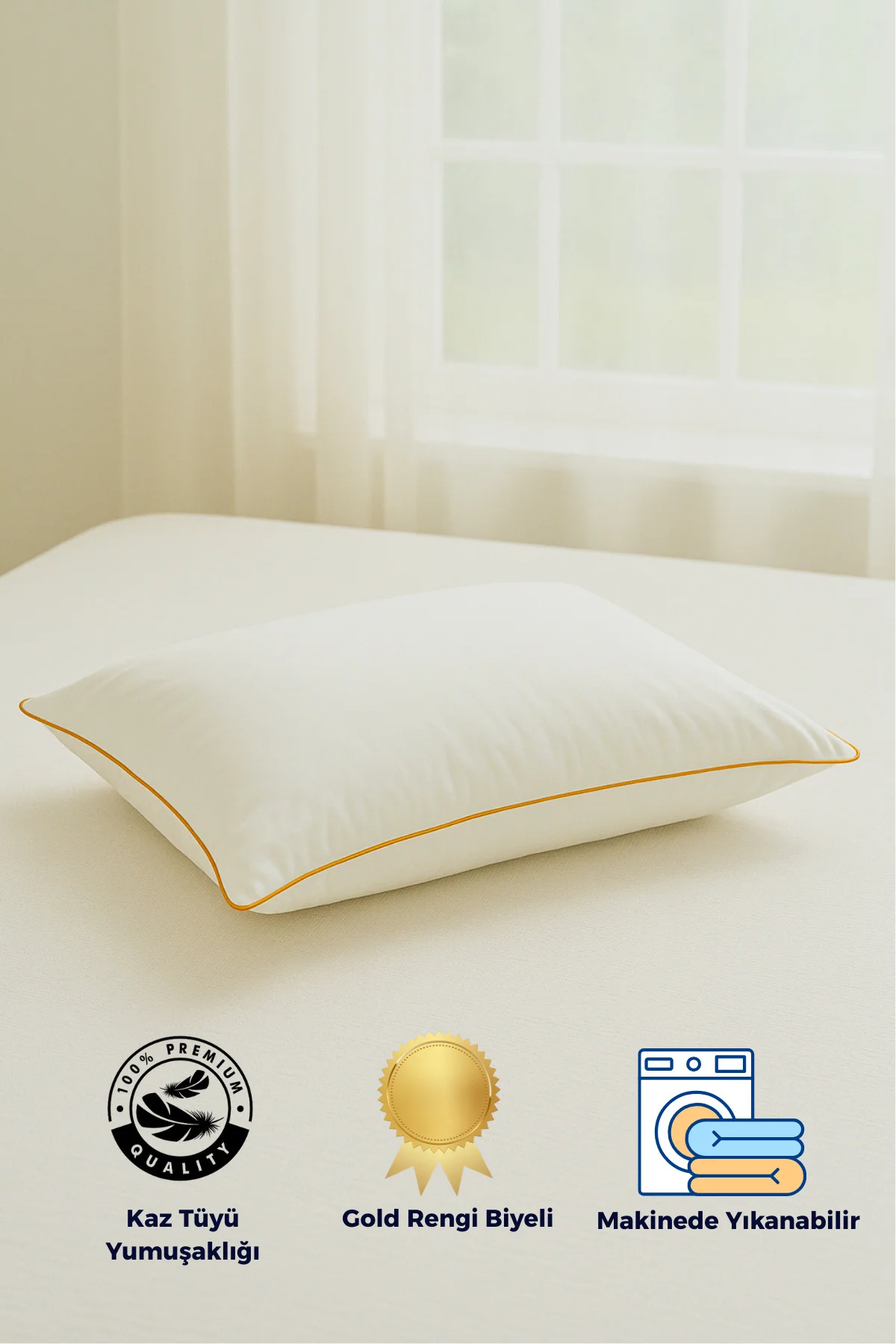 Gold Rengi Biyeli Nanojel Yastık 1100 gram 50x70 cm 1 adet, Lüks Otel Yastığı