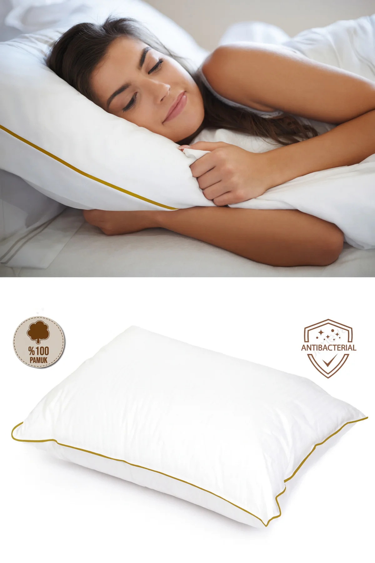 Gold Rengi Biyeli Nanojel Yastık 1100 gram 50x70 cm 1 adet, Lüks Otel Yastığı