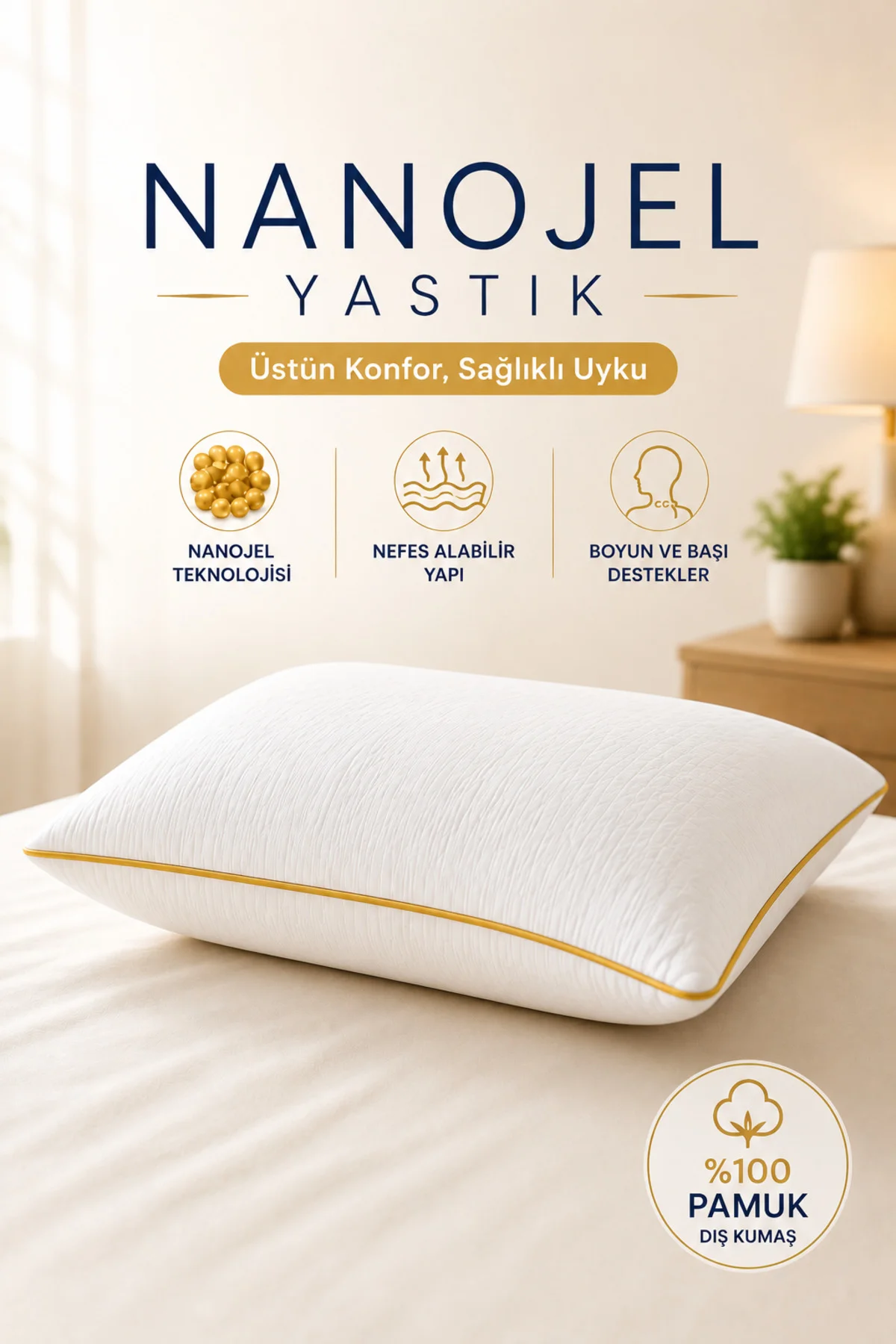 Gold Rengi Biyeli Nanojel Yastık 1100 gram 50x70 cm 1 adet, Lüks Otel Yastığı